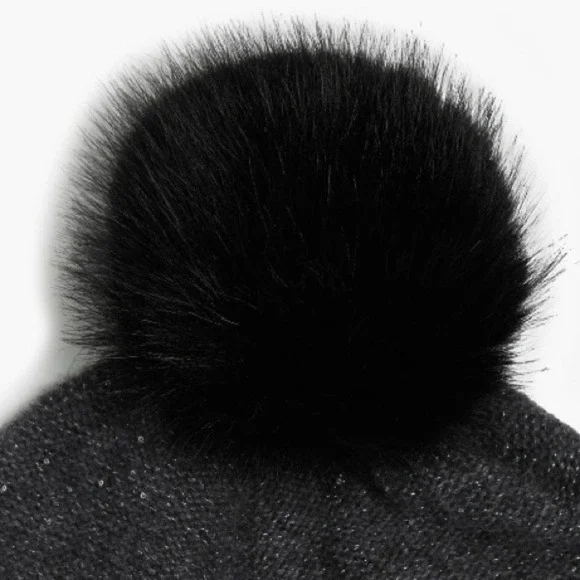 Sofia Cashmere‎ Sequin 100% Cashmere Beanie with Faux Fur Pompom Gray/Black, NWT - Picture 7 of 14